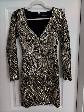 Marciano Black and Gold Sequin Long Sleeve V-Neck Party Dress